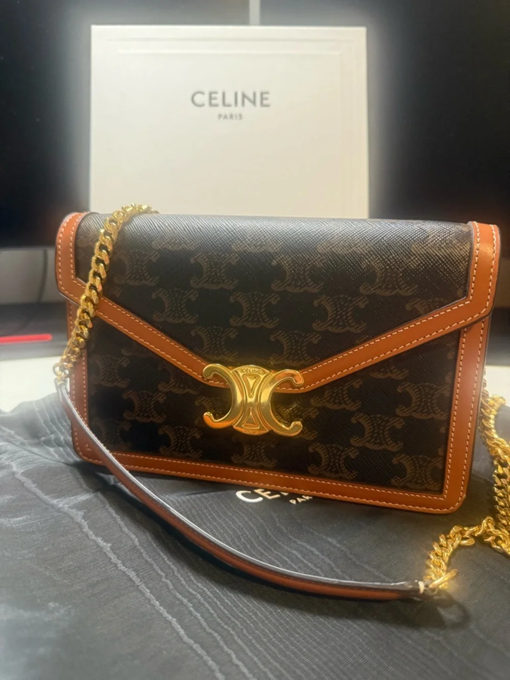 Celine Brown and Tan Triomphe Canvas Crossbody Bag with Gold Hardware - Picture 2 of 4